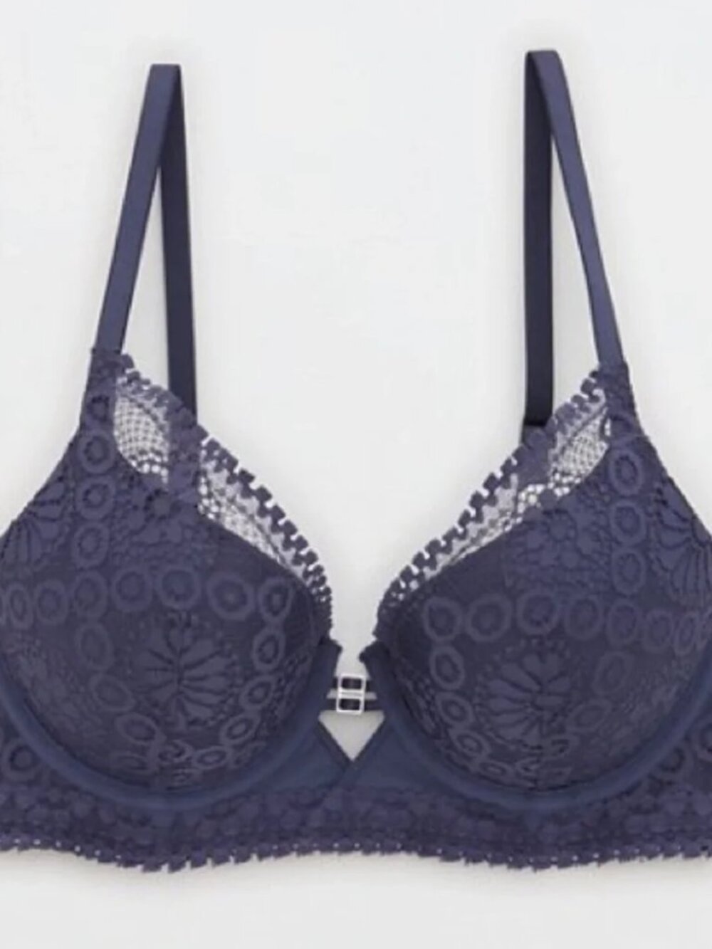 Aerie Real Power Plunge Push-Up Joy Lace Bra Fresh Bright Navy Blue 32DD